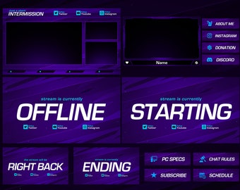 Hestia Stream Package //  Purple Theme// Minimal Twitch Stream Overlays Pack//