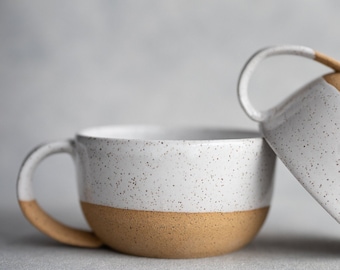 Ceramic Mug Large Coffee Cup Speckled Latte Mug 20oz Soup Mug Handmade Stoneware Modern Kitchen Gift New Home Gift For Her | READY TO SHIP
