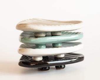 Ceramic Footed Soap Dish Tray | Triangle Stoneware Bar Soap Holder | Handmade Kitchen & Bathroom Accessory Gift for Her | Scrub Brush Holder