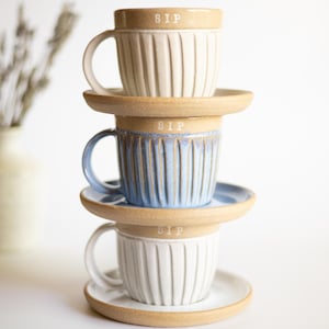 Ceramic 8oz Cup And Saucer Set | Handmade Cappuccino Mug | Ceramic Teacup | Stoneware Kitchen Decor | READY TO SHIP