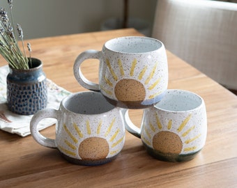 Handmade Mug 12oz Coffee Cup Handmade Sun Mugs Happy Mug Speckled White Cup Kitchen Decor Housewarming Gift For Her | Closeout READY TO SHIP