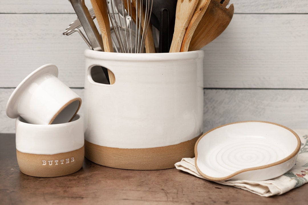 Cooking Gift Kitchen Tools Gift Set of 3 Bundle Ceramic Utensil Holder French Butter Crock Spoon