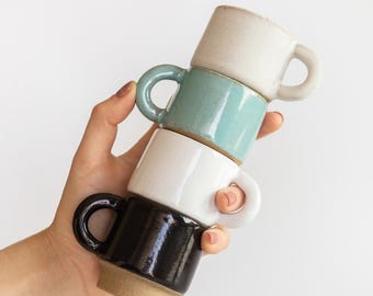 Stoneware Espresso Mug | Stacking Mini 4oz Coffee Cup | Handcrafted Small Coffee Bar Decor | Unique Kitchenware Small Kitchen Gift For Her