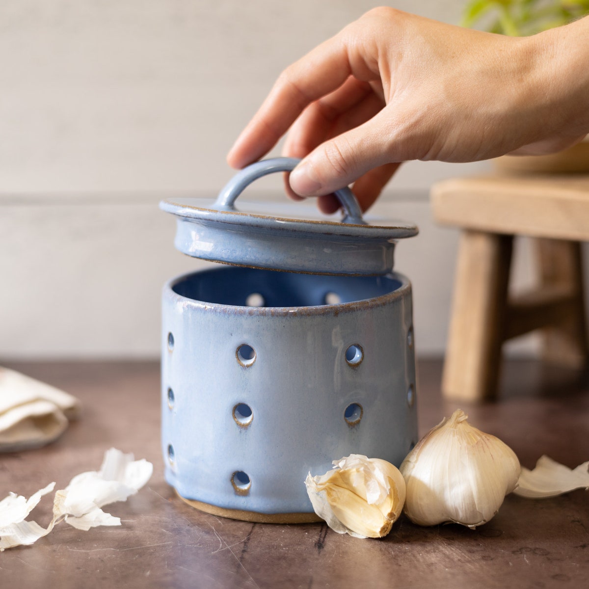 Garlic Keeper Large Pottery - French blue