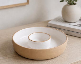Handmade Anniversary Gift | Ceramic Modern White Chip and Dip Charcuterie Serving Snack Bowl | Personalizable Custom Hostess Gift For Her