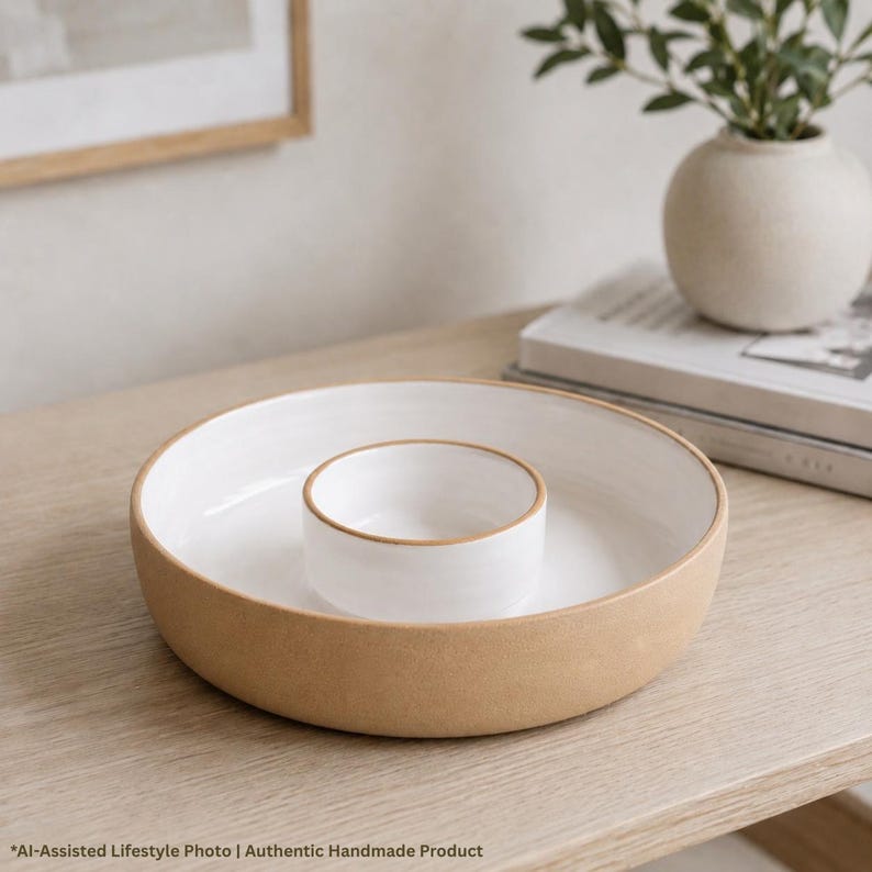 May include: A round ceramic serving dish with a tan exterior and a white interior. The dish features a smaller, integrated circular bowl in the centre, also with a white interior and a tan rim, creating a two-section design for serving food.