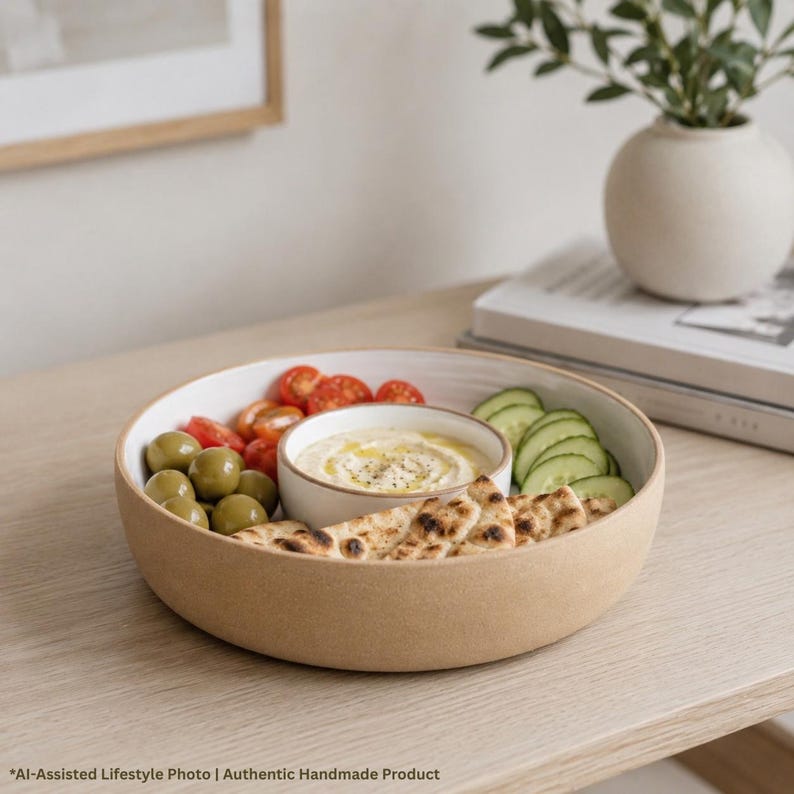 May include: A round, beige ceramic serving bowl containing a smaller white dip bowl filled with hummus, surrounded by green olives, sliced cherry tomatoes, cucumber rounds, and pieces of toasted flatbread arranged in a circular pattern.
