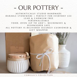 May include: A white ribbed stoneware salt cellar with a cork lid and small wooden spoon, next to a brown paper-wrapped package tied with pastel string. Text reads: OUR POTTERY, AUTHENTICALLY STUDIO HANDMADE, DURABLE STONEWARE, LEAD & CADMIUM FREE, PERSONALISABLE, FOOD, OVEN (UP TO 400&deg;), MICROWAVE & DISHWASHER SAFE, ALL POTTERY IS DELIVERED SECURELY CUSHIONED & GIFT WRAPPED, CAMILLA'S COLLECTION.