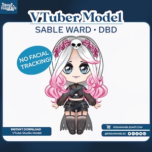 Może przedstawiać: Cyfrowa ilustracja modelu VTuber o imieniu Sable Ward. Postać ma białe i różowe włosy, niebieskie oczy i nosi czarny strój. Tekst na obrazku zawiera "NO FACIAL TRACKING!" i "INSTANT DOWNLOAD VTube Studio Model."