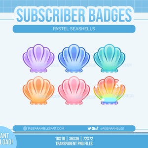 May include: Six pastel seashell subscriber badges in various shades of blue, purple, pink, and orange. The badges are in the shape of a seashell with a gradient effect. The text "Subscriber Badges" and "Pastel Seashells" is at the top of the image. The text "Instant Download!" is at the bottom left of the image. The text "18x18 | 36x36 | 72x72 Transparent PNG Files" is at the bottom centre of the image. The text "rissaramlesart.com" is at the bottom left of the image. The text "@rissaramles" is at the bottom right of the image.
