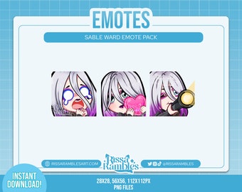May include: Three animated emotes featuring a character with white hair, purple eyes, and a pink heart. The character is shown with different expressions, including crying, holding a heart, and looking through a telescope.