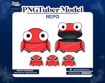 May include: Red cartoon character with large eyes and a mouth. The character is in different poses, including open and closed. The character is labeled "PNGTuber Model" and "REPO".