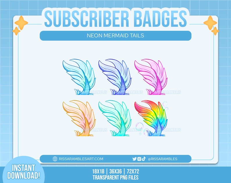 Mermaid Twitch Sub Badges Twitch Badges Cute Mermaid Tails Bit Badges, Cheermotes, Channel Points for Twitch, Discord, YouTube Gaming image 1