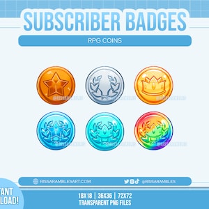 May include: Six different digital badges for a role-playing game. The badges are round and have a gold, silver, blue, or rainbow background. Each badge features a different design, including a star, a crown, and a wreath of leaves.