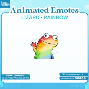 May include: An animated lizard in rainbow colours, waving its hand. The image includes the text "Animated Emotes" and "LIZARD • RAINBOW". The image also includes the text "INSTANT DOWNLOAD 224px + 112px Animated GIF File".