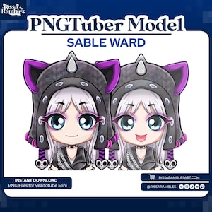 May include: A digital illustration of a PNGTuber model named Sable Ward. The character has white hair, large blue eyes, and wears a black outfit with a hood featuring purple accents. The image includes text that says "INSTANT DOWNLOAD" and "PNG Files for Veadotube Mini."