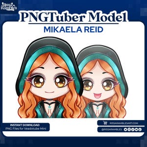 May include: Digital PNGTuber model featuring two cartoon avatars of Mikaela Reid. The avatars have orange hair, large eyes, and wear black hoodies with teal accents. The image includes the text "PNGTuber Model" and "MIKAELA REID."