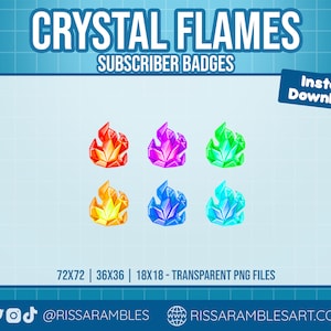 May include: Six crystal flame subscriber badges in different colors: red, purple, green, yellow, blue, and light blue. The badges are in a 72x72, 36x36, and 18x18 pixel size and are transparent PNG files.
