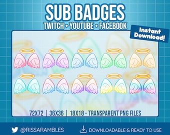 Peut inclure: Un ensemble de 12 badges de souscription en forme d'ailes d'ange dans différentes couleurs pastel avec un halo doré. Les badges sont disponibles en trois tailles : 72 x 72 pixels, 36 x 36 pixels et 18 x 18 pixels. Les badges sont des fichiers PNG transparents et sont téléchargeables et prêts à l'emploi.