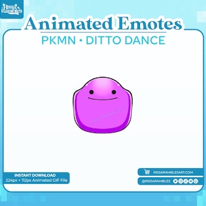 May include: A digital graphic of a purple Ditto character from the Pokemon series. The image is labeled "Animated Emotes" and includes the text "PKMN • DITTO DANCE". The image is a 224px + 112px animated GIF file.