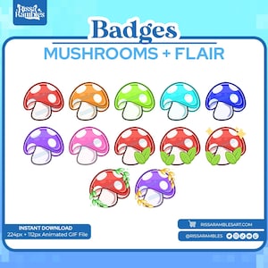 Pode incluir: Uma coleção de distintivos de cogumelos coloridos com caules brancos e bolinhas. Os distintivos são em várias cores, incluindo vermelho, laranja, verde, azul, roxo e rosa. O texto "Badges MUSHROOMS + FLAIR" é exibido acima.