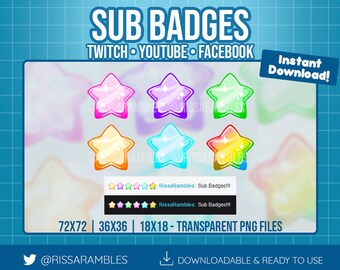 May include: Set of eight colourful star-shaped Twitch, YouTube, and Facebook sub badges in various sizes: 72x72, 36x36, and 18x18 pixels. The badges are transparent PNG files and are downloadable.