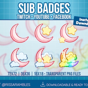 Cute Moon Twitch Sub Badges | Twitch Bit Badges | Stars Twitch Badges | Clouds and Moons