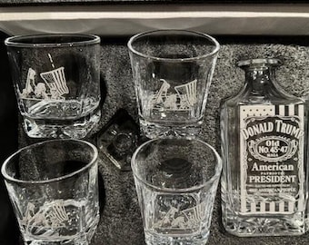 Laser Engraved Donald Trump Decanter Set: Fist Pump or Inauguration Glasses.