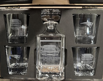 New England Patriots: Gillette Stadium whiskey decanter set.   Laser engraved
