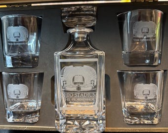 Ohio State: Ohio Stadium “The Horseshoe” whiskey decanter set.  2 or 4 glass sets available.