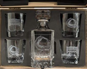 Fenway Park whiskey decanter set.  Beautifully, detailed laser engraved! 2 or 4 glass sets.