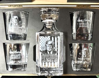 Donald Trump MAGA Whiskey Decanter Gift Set: Engraved Decanter 2 or 4 Glasses.