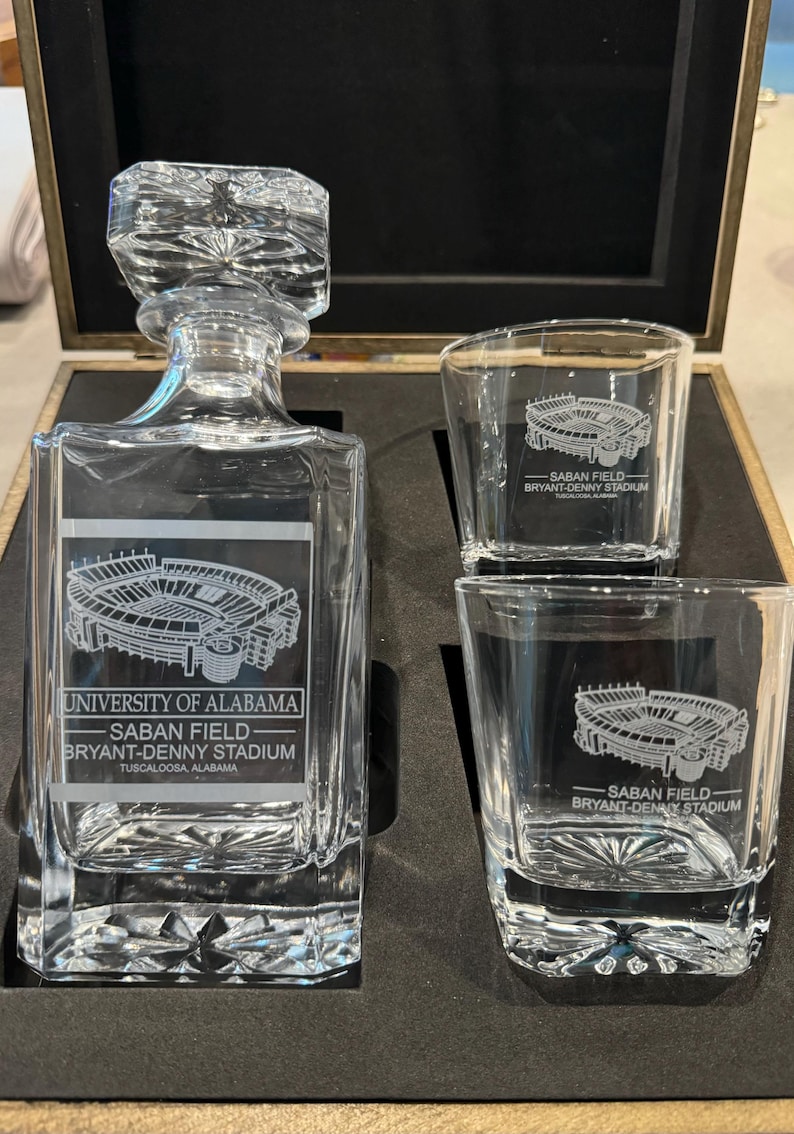 Alabama Crimson Tide Whiskey Decanter Set: Saban Field, UV Laser ...