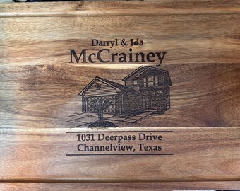 Home photo cutting board. Laser engraved, personalized.  Great for housewarming gift, wedding gift or real estate closing gift.