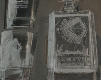 Dodger Stadium, Los Angeles Dodgers whiskey decanter set.  2 or 4 glass sets available.