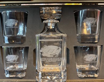 Notre Dame Stadium whiskey decanter set.  Fighting Irish.  Laser engraved 2 and 4 glass sets available.