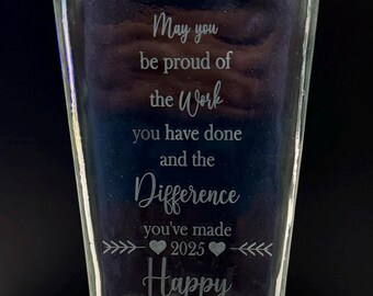 Laser engraved glass vase retirement gift.  Can be modified and personalized for any situation.  message for details.