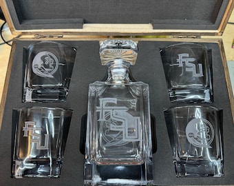 FSU Whiskey Decanter Set: UV Laser Engraved.