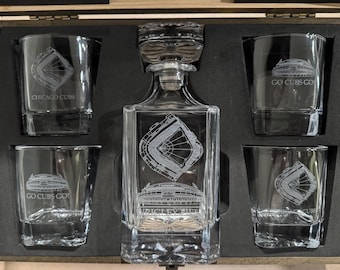 Wrigley Field, Chicago Cubs whiskey decanter set.  2 or 4 glass sets available.