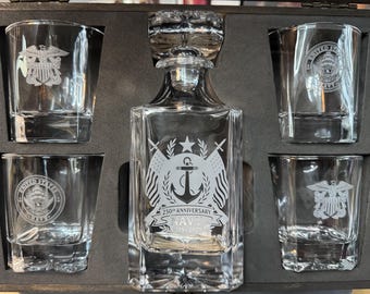 US Navy 250th birthday whiskey decanter set.  Heavy glass 2 or 4 glass sets.