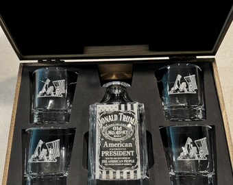 Donald Trump Whiskey Decanter Gift Set: Engraved Decanter 4 Glasses.