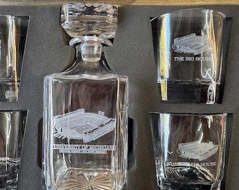 The Big House: Michigan Stadium laser engraved whiskey decanter set.