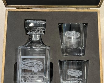 Alabama Crimson Tide Whiskey Decanter Set: Saban Field, UV Laser Engraved.