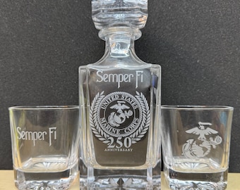 USMC 250th birthday whiskey decanter set.  Heavy glass 2 or 4 glass sets.
