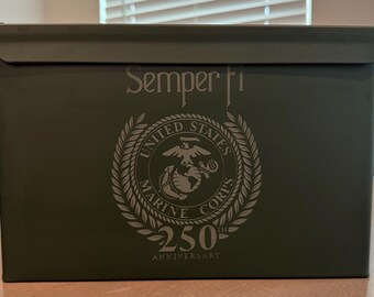 Laser engraved .50 cal ammo can whiskey set.  Laser engraved glasses and ammo can.   Customizable.