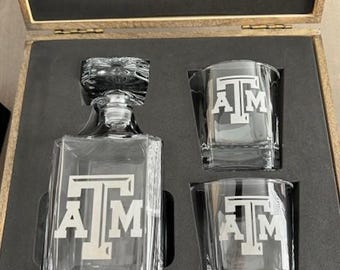 UV Laser engraved A&M whiskey decanter set.