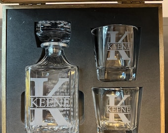 Personalized Whiskey Decanter Set: Custom Engraved Pine Box
