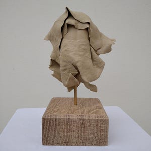 Peut inclure: Une sculpture abstraite beige avec une forme drapée et fluide, montée sur une tige en laiton et une base carrée en bois texturé. La matière semblable à du tissu de la sculpture crée une sensation de mouvement et de texture, adaptée à la décoration intérieure.