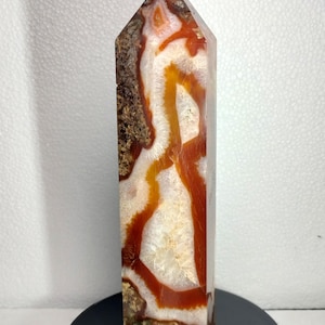 RED MOSS AGATE tower #52, 7" X 1.75", hard to find, beautiful red moss swirls & white patches, Big Boy!