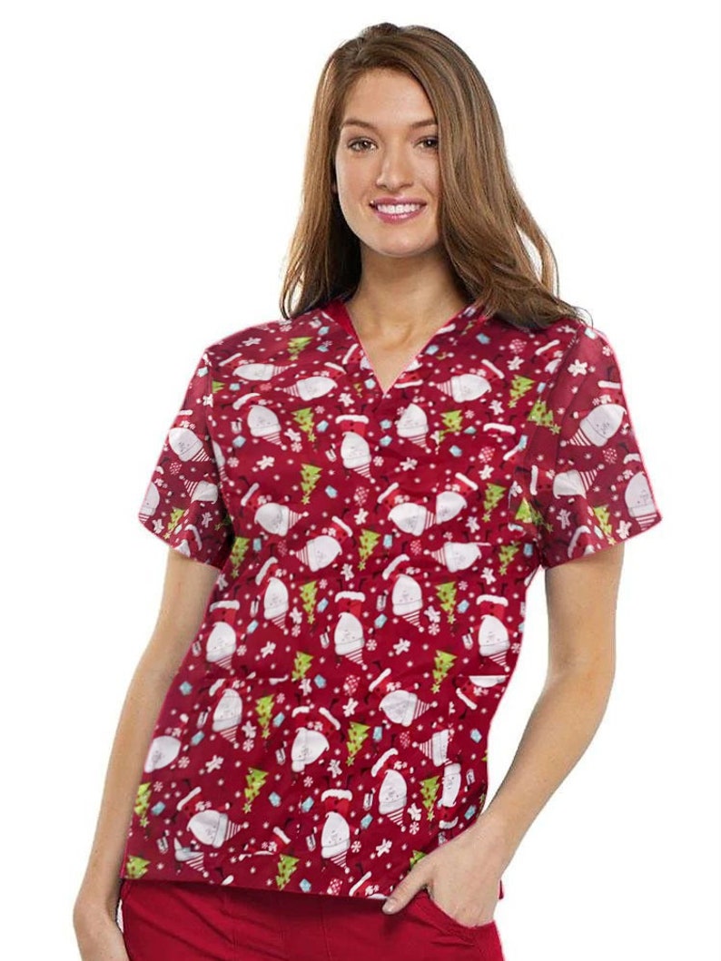 Christmas Printed Scrubs Unisex. Cotton. Fun and Festive Perfect for Work Uniform. Xmas Wear Red